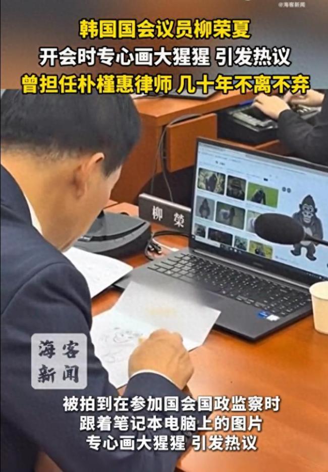韩国会议员开会时专心画大猩猩
