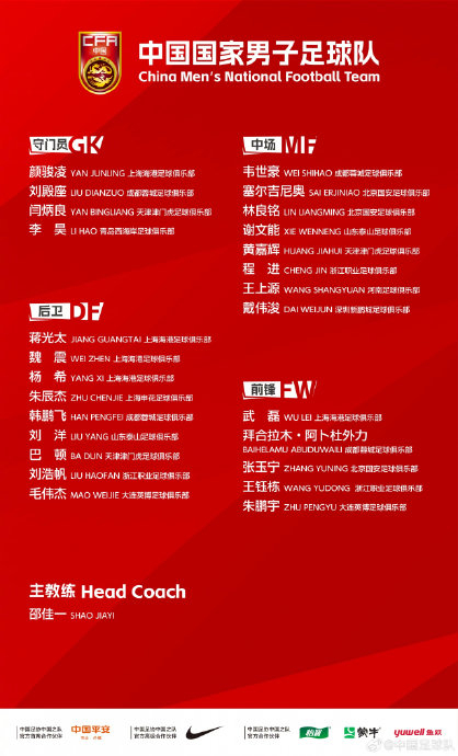 国足战泰国队首发阵容公布